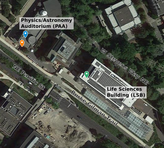 map showing Imaging Facility in Physics Astronomy Auditorium and Life Sciences Building